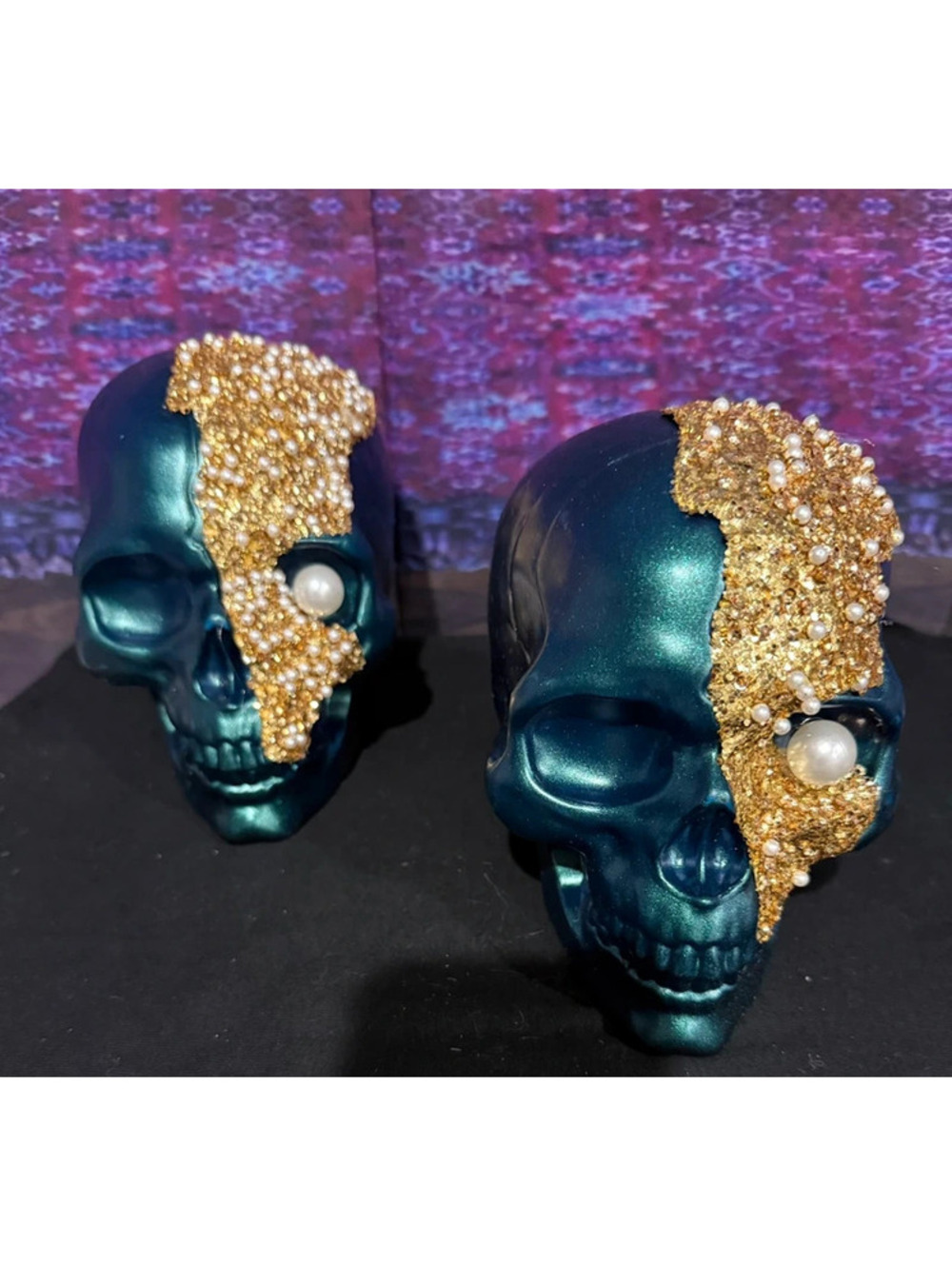 (2) Target Bullseye Green Skull Pearl Beads Gold Glitter Embellished Halloween